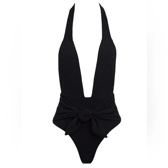 MONTCE Black Rib Tropez Tie-Up One-Piece, Black, Medium , $218 - Picture 5 of 14